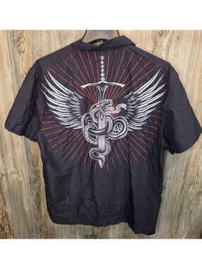 Buffalo Outdoors Winged Serpent Snake & Dagger AOP S/S Button Shirt Men Size XL